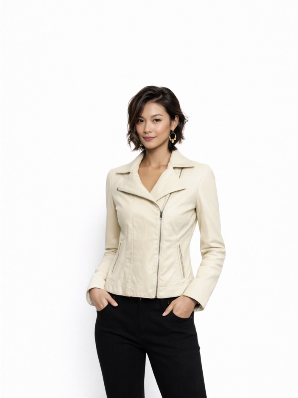 Cream real Leather Jacket moto